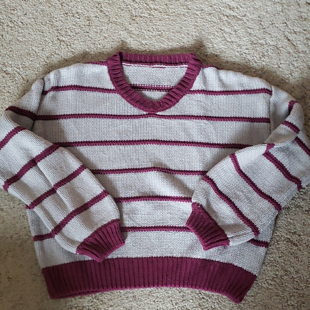 Striped V-Neck Sweater - Burgundy and White